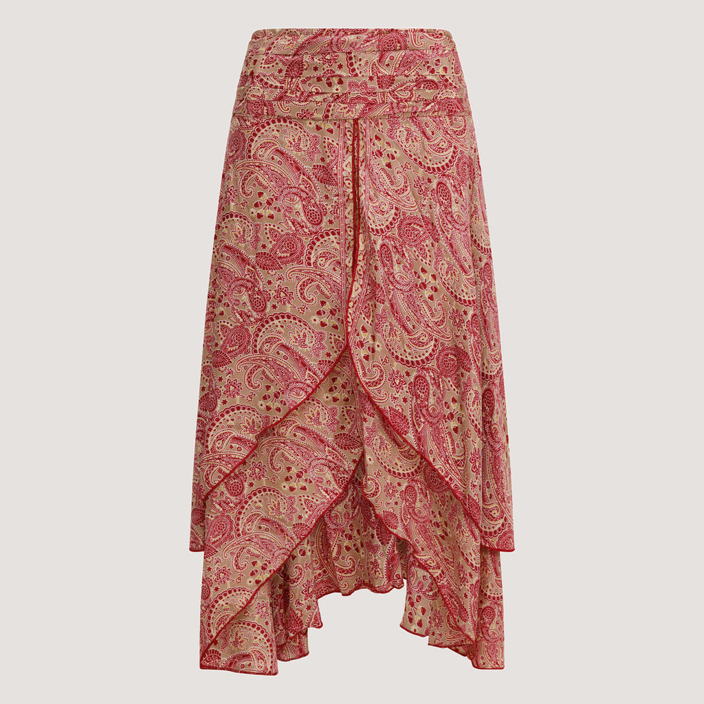 Red paisley swirl, double layered, recycled Indian sari silk 2-in-1 skirt dress designed by OMishka
