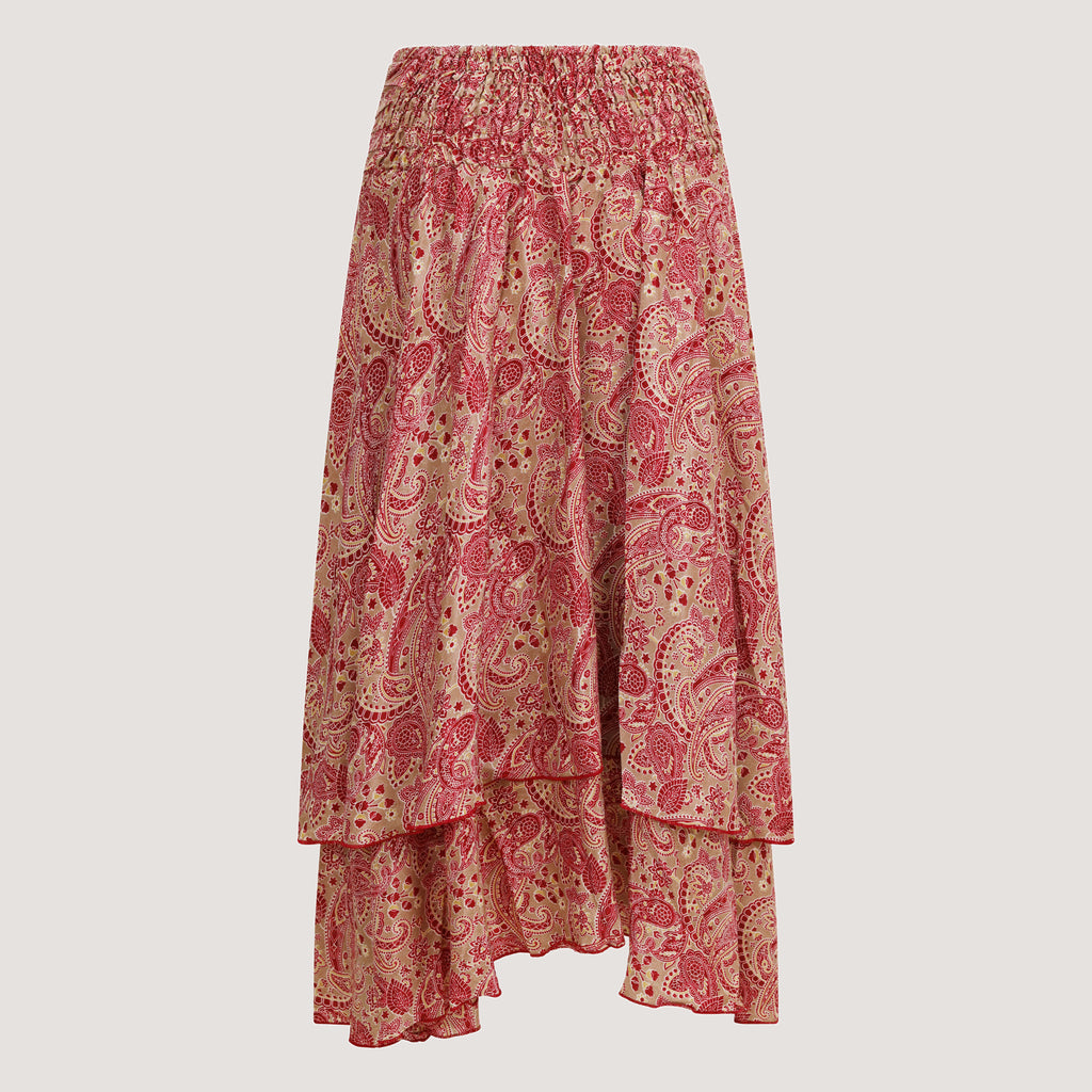 Red paisley swirl patterned, double layered recycled Indian sari silk, strapless dress 2-in-1 skirt designed by OMishka