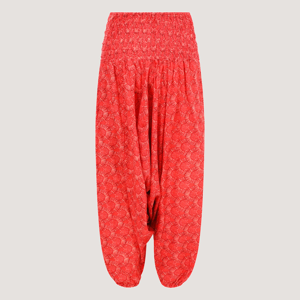 Red palm frond bandeau jumpsuit 2-in-1 harem pants designed by OMishka