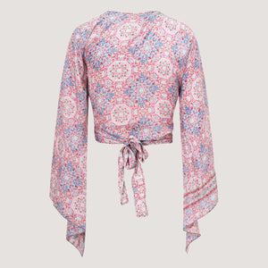Red and blue retro print Indian sari wrap top designed by OMishka