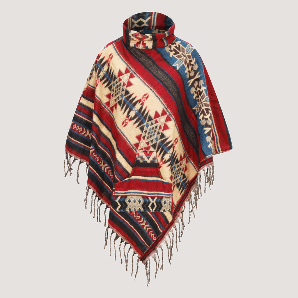 Red mix coloured roll neck, Aztec patterned, fringed poncho designed by OMishka