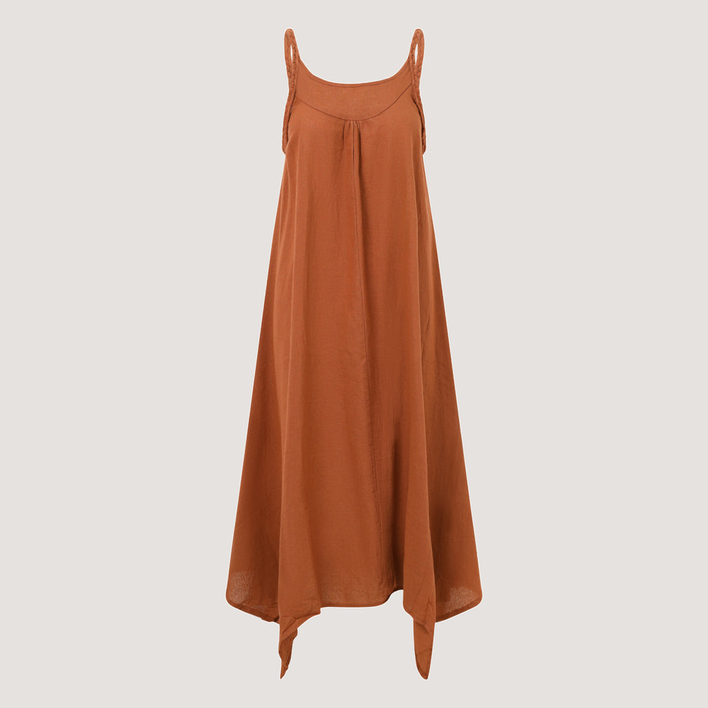 Rust orange handkerchief hem midi dress with a plait strap detail designed by OMishka
