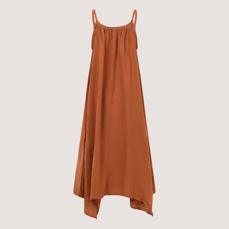 Rust orange hanky hem midi dress with a plait strap detail designed by OMishka