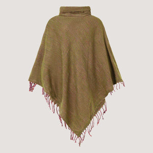 Sage green cowl neck poncho featuring kantha embroidery and a fringed hemline designed by OMishka