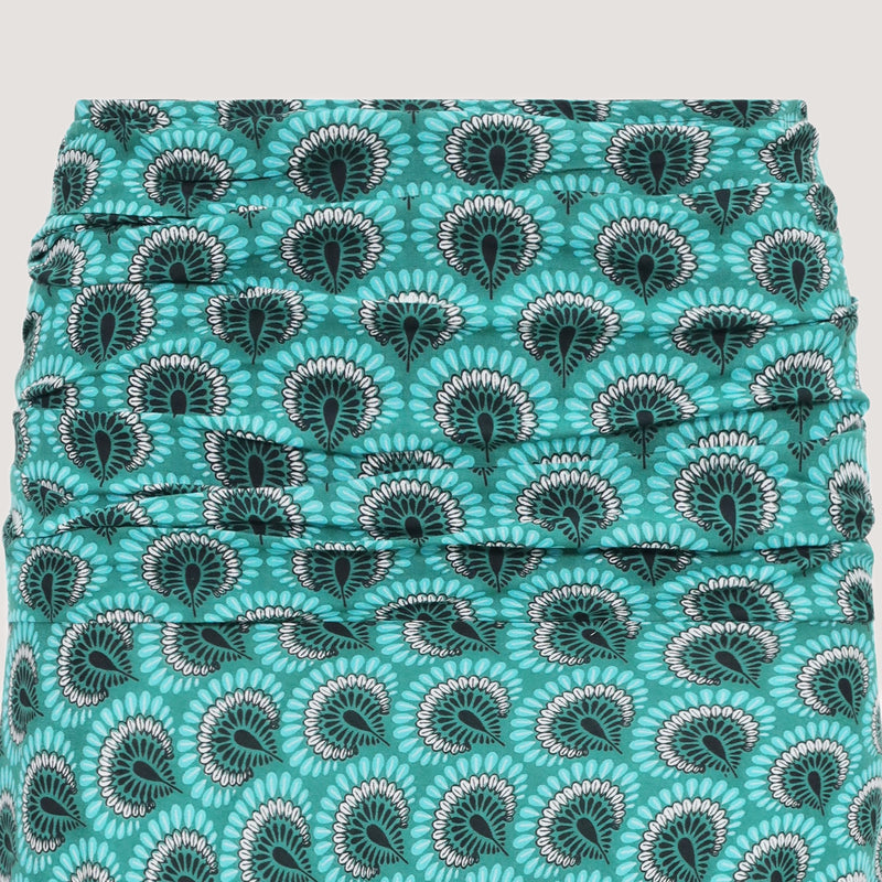 Teal feather patterned A-line skirt designed by OMishka