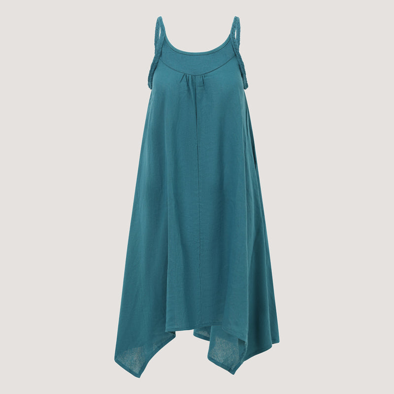 Teal Linen Hanky Hem Midi Dress