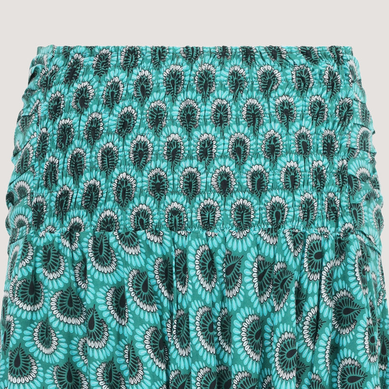 Teal feather print 2-in-1 skirt dress designed by OMishka