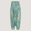Teal and gold animal print, recycled Indian sari silk, strapless jumpsuit 2-in-1 harem trousers designed by OMishka