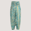Teal and gold animal print, recycled Indian sari silk, harem trousers 2-in-1 bandeau jumpsuit designed by OMishka