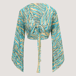 Teal and gold stripe animal print sari wrap top designed by OMishka