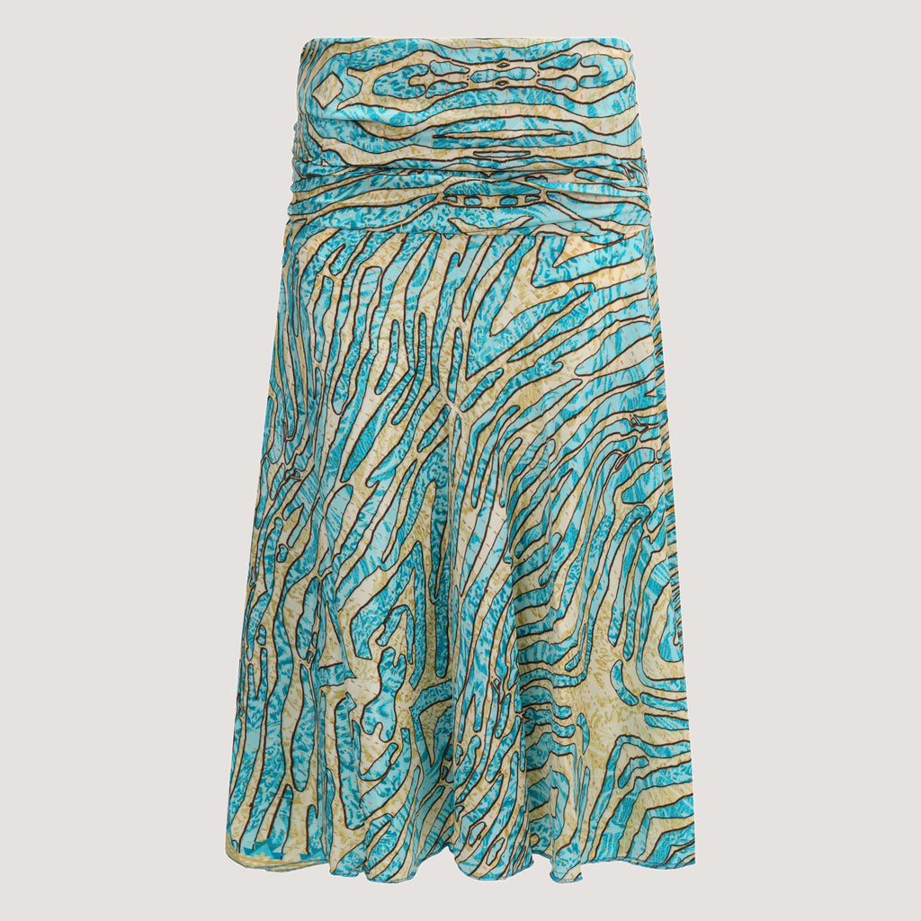 Teal and gold animal print, recycled Indian sari silk, 2-in-1 A-line skirt dress designed by OMishka