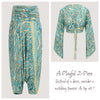 Teal and gold animal print, recycled Indian sari silk, matching wrap top and harem trousers designed by OMishka