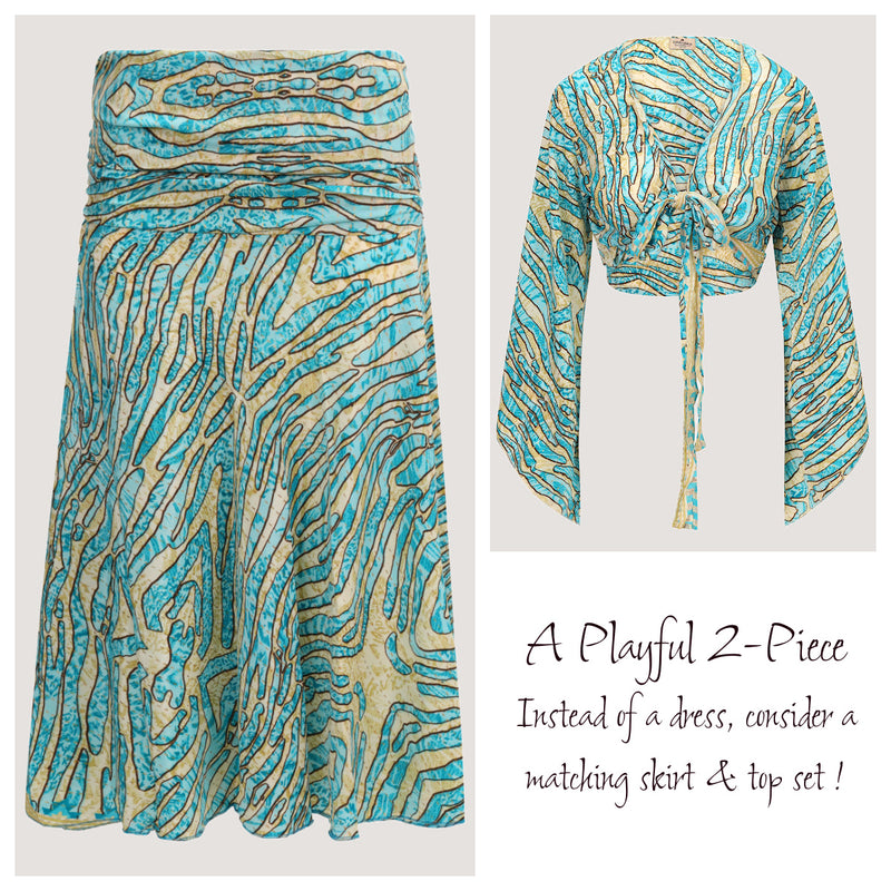 Teal and gold animal print striped, recycled Indian sari silk, matching wrap top and A-line skirt designed by OMishka