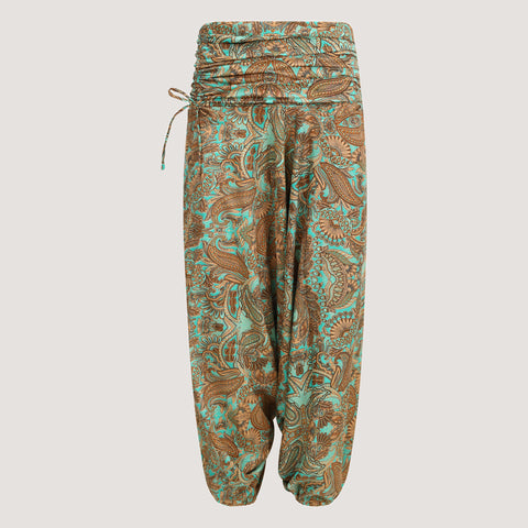 Teal & Gold Animal Print Silk Harem Trousers 2-in-1 Jumpsuit