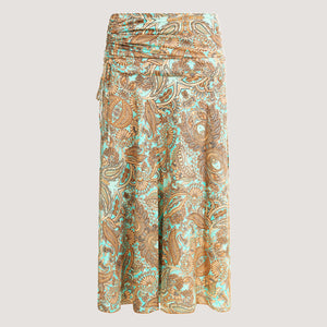 Teal floral paisley motif print, recycled Indian sari silk, 2-in-1 A-line skirt dress designed by OMishka