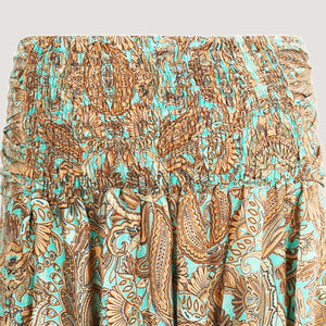 Teal floral paisley print, recycled Indian sari silk 2-in-1 A-line skirt dress designed by OMishka