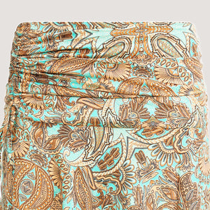 Teal floral paisley motif print, recycled Indian sari silk, A-line skirt 2-in-1 dress designed by OMishka