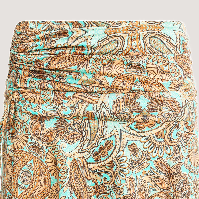 Teal floral paisley motif print, recycled Indian sari silk, A-line skirt 2-in-1 dress designed by OMishka