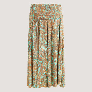 Teal floral paisley motif print, recycled Indian sari silk, strapless dress 2-in-1 A-line skirt designed by OMishka