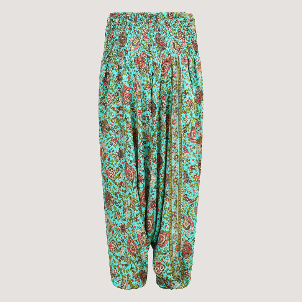 Teal floral thistle print, recycled Indian sari silk, strapless jumpsuit 2-in-1 harem trousers designed by OMishka
