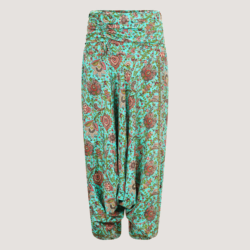 Teal floral thistle print, recycled Indian sari silk, harem trousers 2-in-1 bandeau jumpsuit designed by OMishka