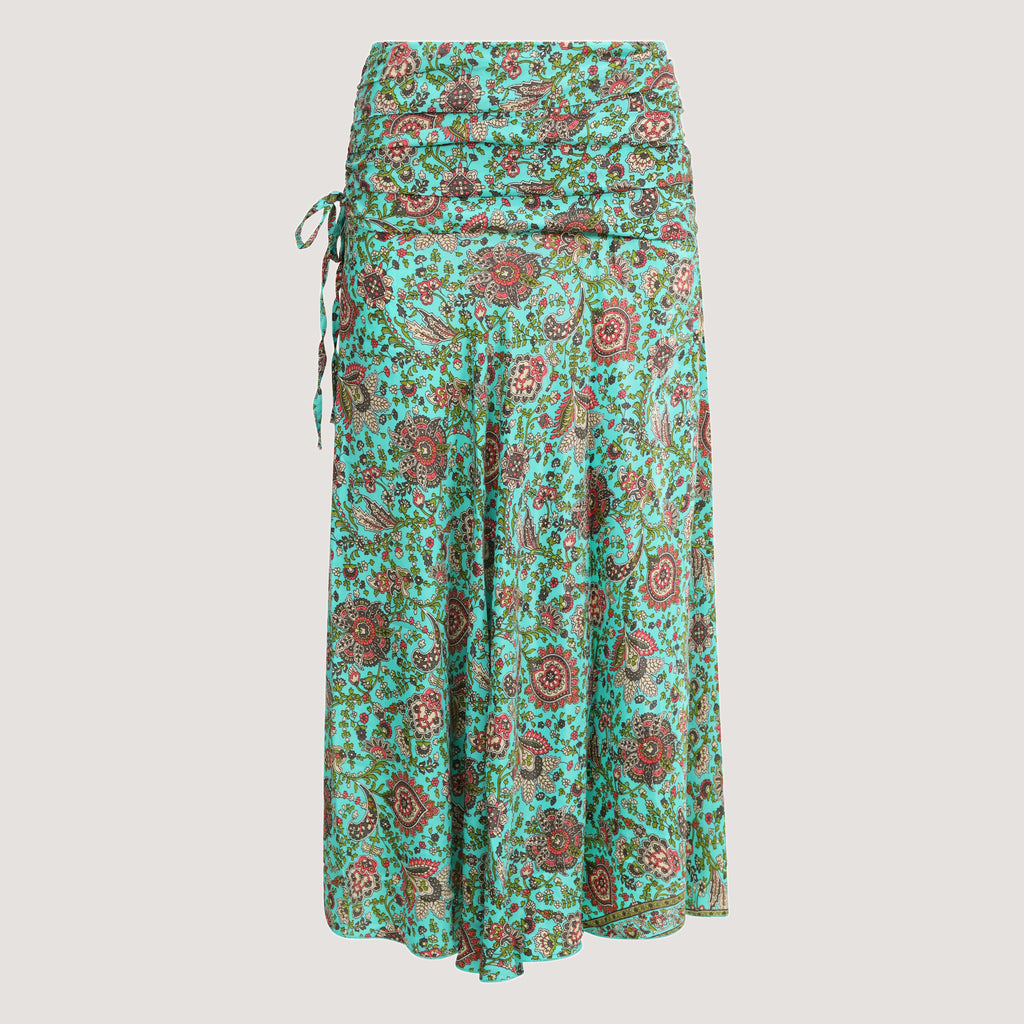 Teal floral thistle print, recycled Indian sari silk, 2-in-1 A-line skirt dress designed by OMishka