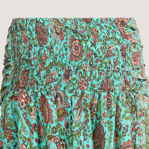 Teal floral thistle print, recycled Indian sari silk 2-in-1 A-line skirt dress designed by OMishka