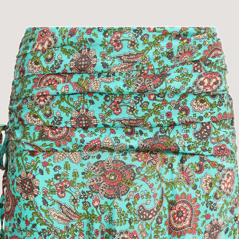 Teal floral thistle print, recycled Indian sari silk, A-line skirt 2-in-1 dress designed by OMishka