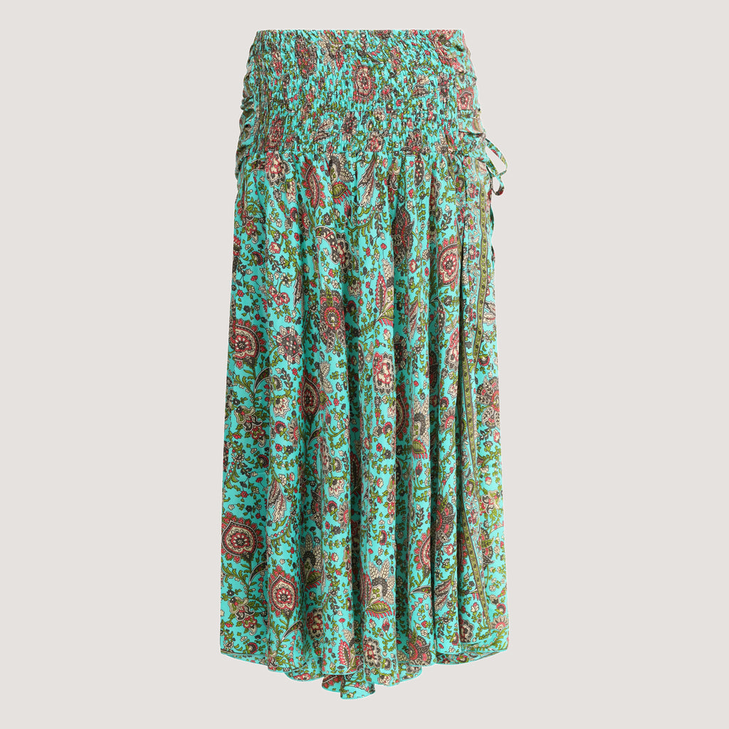 Teal floral thistle print, recycled Indian sari silk, strapless dress 2-in-1 A-line skirt designed by OMishka