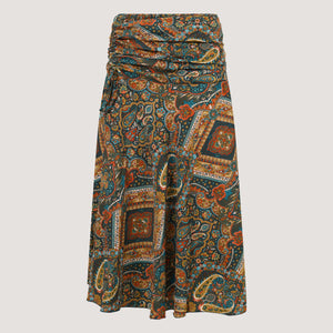 Teal art deco tile print, recycled Indian sari silk, 2-in-1 A-line skirt dress designed by OMishka