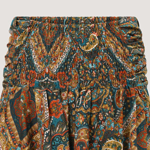 Teal art deco tile print, recycled Indian sari silk 2-in-1 A-line skirt dress designed by OMishka