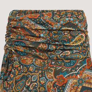 Teal art deco tile print, recycled Indian sari silk, A-line skirt 2-in-1 dress designed by OMishka