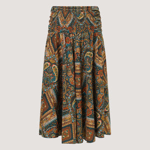 Teal art deco tile print, recycled Indian sari silk, strapless dress 2-in-1 A-line skirt designed by OMishka