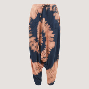 Tie dye spiral patterned super-soft bamboo harem pants designed by OMishka