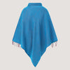 Turquoise blue cowl neck poncho featuring kantha embroidery and a fringed hemline designed by OMishka