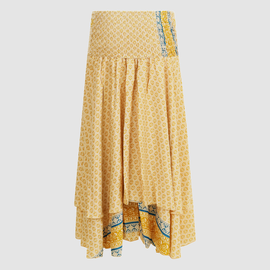 Mustard yellow block print patterned, double layered recycled Indian sari silk, strapless dress 2-in-1 skirt designed by OMishka