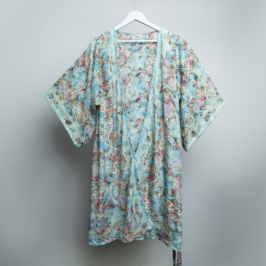 Blue Floral Gold Midi Kimono