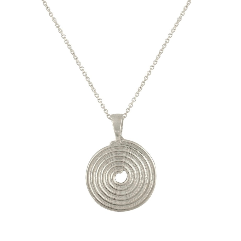 Silver necklace with a small spiral pendant on a silver chain.