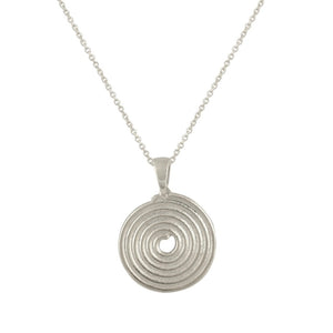Silver necklace with a small spiral pendant on a silver chain.