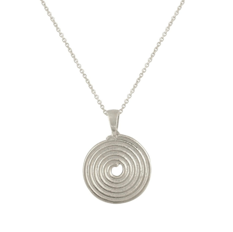 Silver necklace with a small spiral pendant on a silver chain.