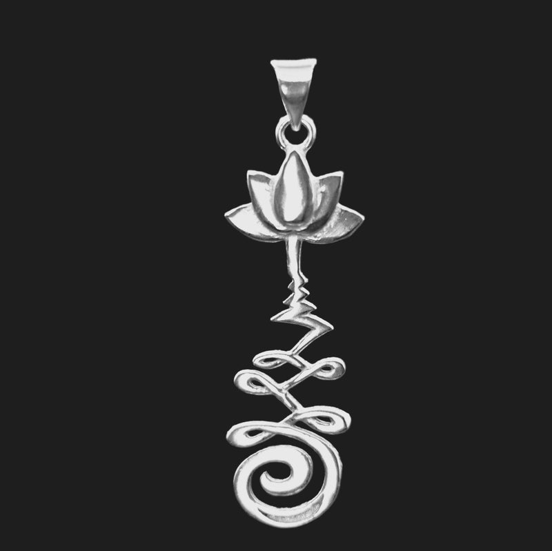 Silver pendant with a lotus flower and Unalome design.