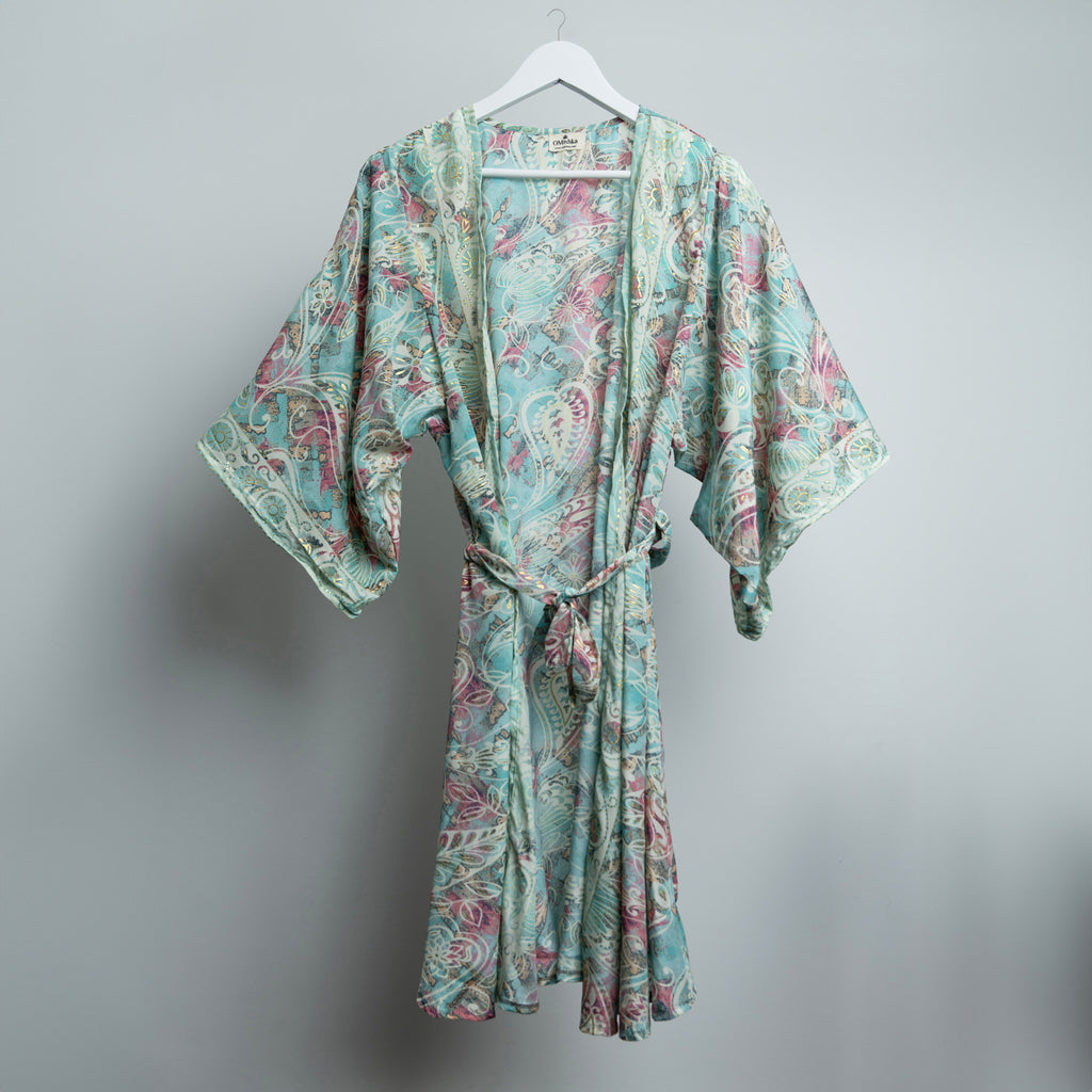 Teal Floral Gold Midi Kimono