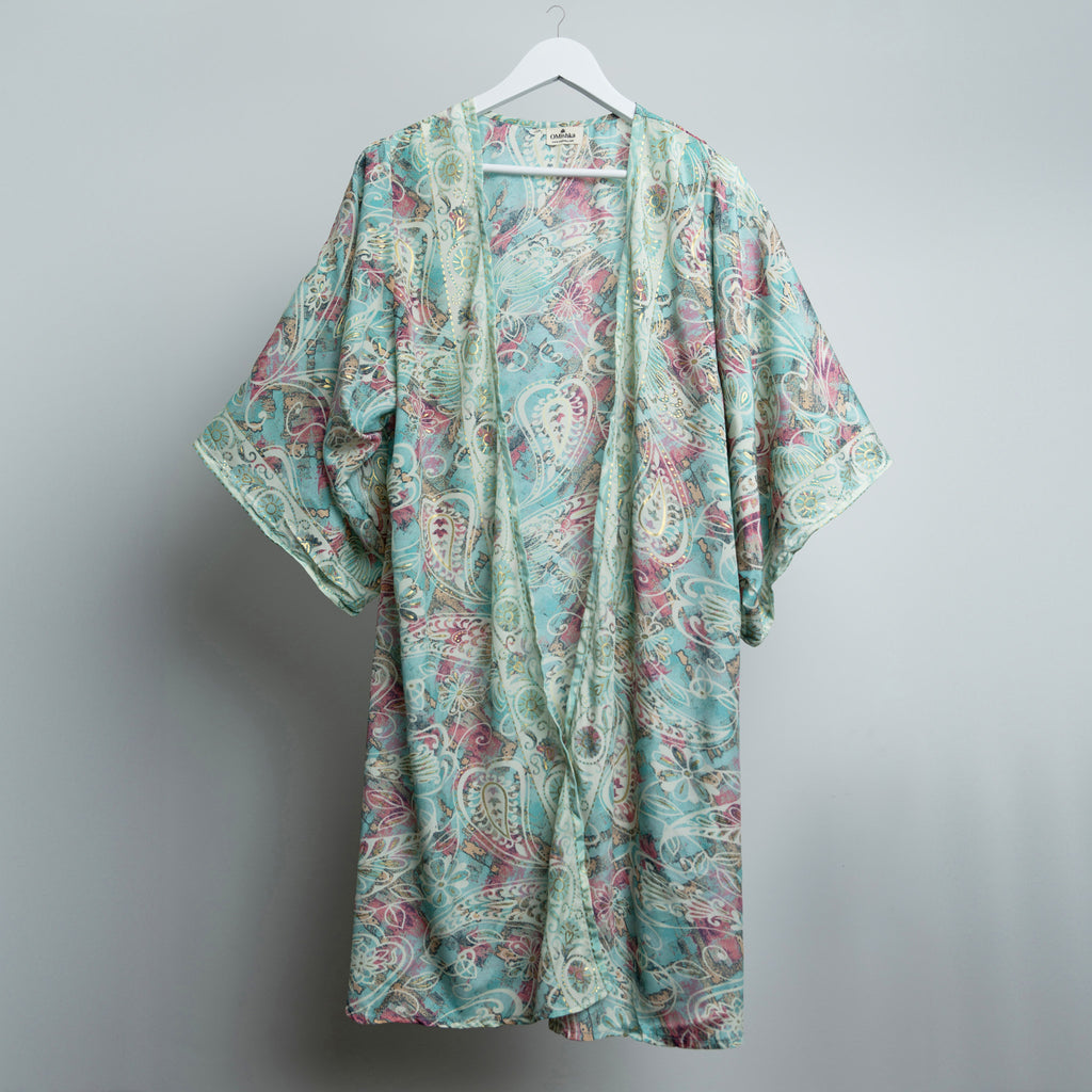 Teal Floral Gold Midi Kimono