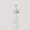 Silver pendant with unalome and lotus flower design.