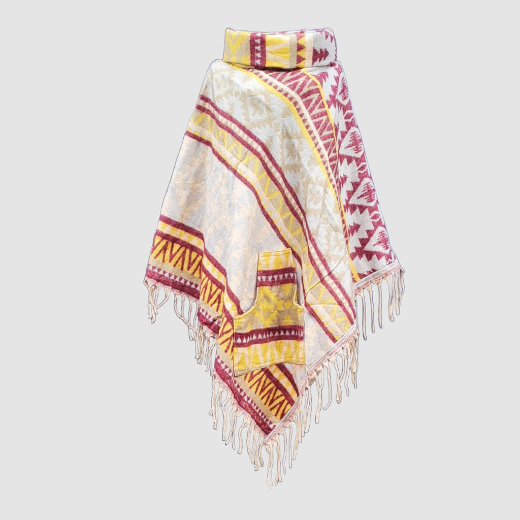 Colorful yellow patterned scarf with fringes on a light gray background
