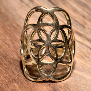 An adjustable, artisan handmade pure brass, seed of life ring designed by OMishka.