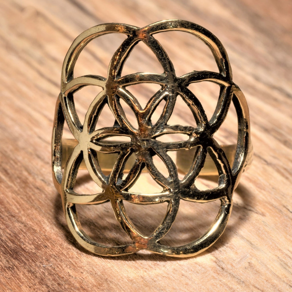An artisan handmade, adjustable, pure brass seed of life ring designed by OMishka.