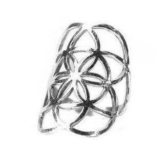 An adjustable, nickel free solid silver, seed of life ring designed by OMishka.
