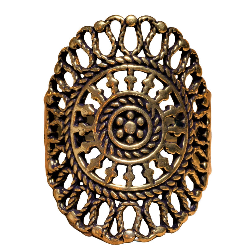 An adjustable, chunky, artisan handmade pure brass, filigree mandala ring designed by OMishka.