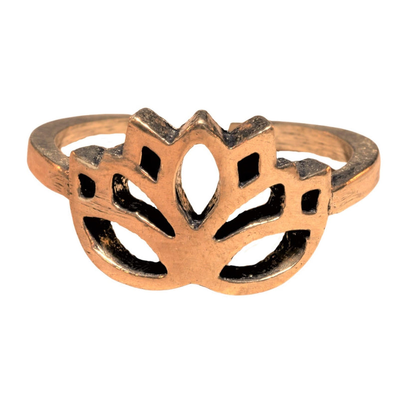 An adjustable, artisan handmade pure brass, dainty lotus flower ring designed by OMishka.